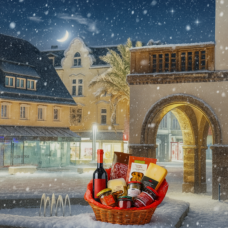 Marktplatz im Schnee, Altes Rathaus, Mond, Sterne, Präsentkorb im Vordergrund